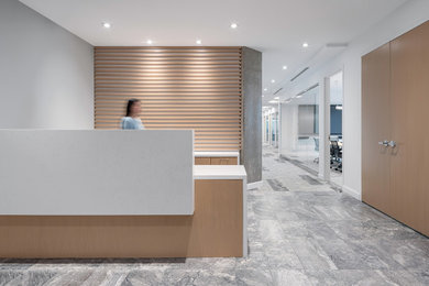 Entryway - mid-sized contemporary porcelain tile and gray floor entryway idea in Toronto with white walls