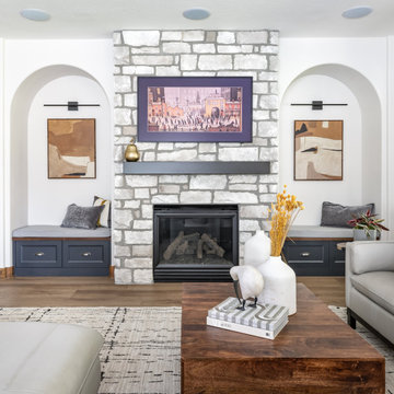 Stone Fireplace Flanked by Arches