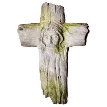 Christ'S Face On Wooden Cross Garden Display