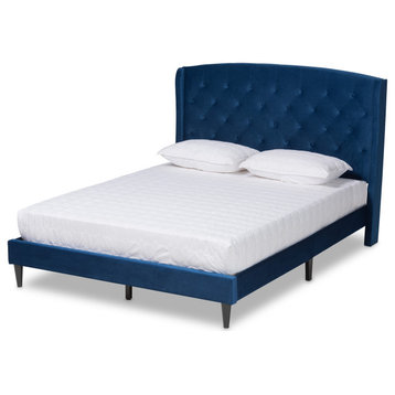 Neda Modern Upholstered Platform Bed, Navy Blue/Dark Brown, Queen