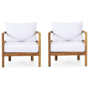Aggie Outdoor Acacia Wood Club Chair with Cushion (Set of 2), Teak and White