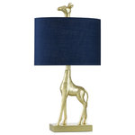 StyleCraft Home Collection - Golden Giraffe Table Lamp, Solid Gold, Navy Blue - Giraffes are majestic creatures, and you can bring a touch of that majesty into your family room with the Golden Giraffe table lamp. The finish on the poly resin giraffe is solid gold, so you will feel like royalty with this fixture in your home. The giraffe's head sticks out of the oval, hardback shade made from styrene.