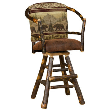 Hickory Log Hoop Swivel Barstool with Faux Brown Leather Seat, Set of 2, 24 Inch, Bear Mountain