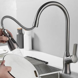 Antique Nickel Brushed Grey Brass Rotatable Spray Retractable Head Pull Out Kitchen Faucet TF0199G - Kitchen Faucets