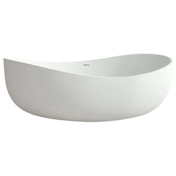 70" Contemporary Oval Freestanding Stone Resin Soaking Bathtub, Glossy White
