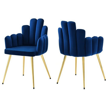 2 Pack Dining Chair, Gold Legs & Symmetrical Channel Tufted Scalloped Back, Navy
