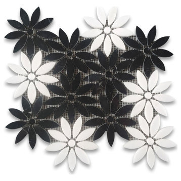 Nero Marquina Black Thassos White Marble Flower Waterjet Mosaic Tile, 1 sheet