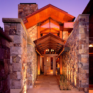 デンバーの大きい片開きドアコンテンポラリースタイルのおしゃれな玄関ドア (ガラスドア) の写真