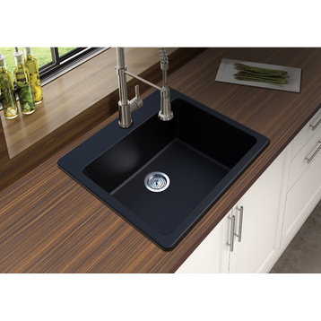 Winpro Dual-Mount Kitchen Sink, Single Bowl, Granite Quartz, 25", Black