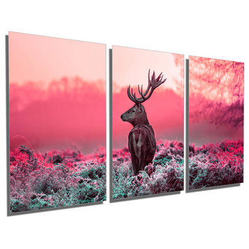 Pink Deer In Morning Sun Metal Print Wall Art, 3 Panel Split, Triptych, 48x24