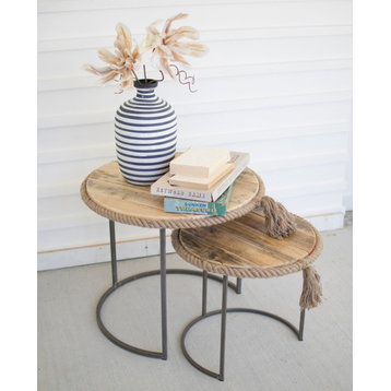 Round Recycled Wood Rope Tassel Accent Nesting Tables 2-Piece Set