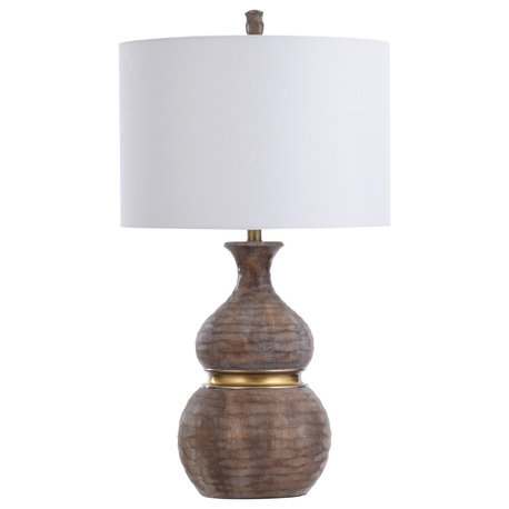 Logan Curved Table Lamp Brown and Gold Finish White Fabric Shade