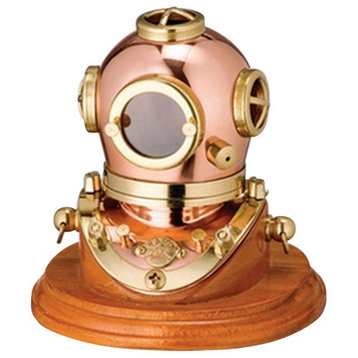3" Polished Brass and Copper Mark V Dive Helmet With Wood Base