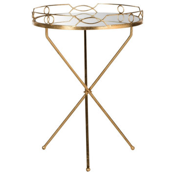 Lyric Mirror Top Round Gold Leaf End Table, Antique Gold