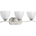 Progress Lighting - Laird 3-Light Bath Sconce - The Laird collection provides a contemporary complement to casual interiors popular in today's homes. Glass shades add distinction and provide pleasing illumination to any room, while scrolling arms create an airy effect. Uses (3) 100-watt medium bulbs (not included).