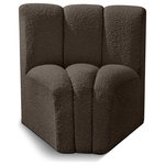 Meridian Furniture - Arc Upholstered Modular Component, Brown, 1-Piece: Curved Corner, Boucle Fabric - Give your living room or den the perfect blend of style and versatility with this Arc boucle fabric curved corner chair. Part of the Arc modular furniture collection, this chair comes upholstered in rich brown boucle fabric and features deep channel tufting that adds a touch of luxury while enhancing comfort and support. A seamless combination of form and function, this chair can be used with other Arc pieces to create a myriad of configurations in your well-curated room.