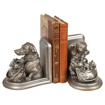 Bookends Bookend TRADITIONAL Lodge Dog with Basket of Fox Kits Silver