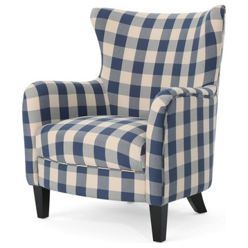 GDF Studio Venette Farmhouse Fabric Upholstered Club Chair, Blue Checkerboard/Dark Brown