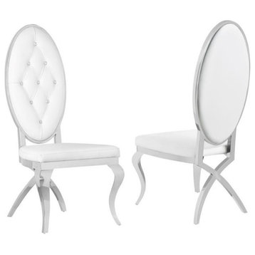 Tufted White Faux Leather Dining Chairs with Silver Stainless Steel (Set of 2)