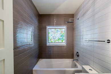 Bathroom - mid-sized transitional bathroom idea in Denver with brown walls