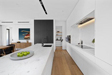 Ejemplo de cocina grande abierta con puertas de armario blancas, encimera de mármol y una isla