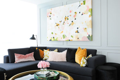 Living room - mid-sized contemporary formal and open concept light wood floor living room idea in Vancouver with gray walls, a standard fireplace and no tv