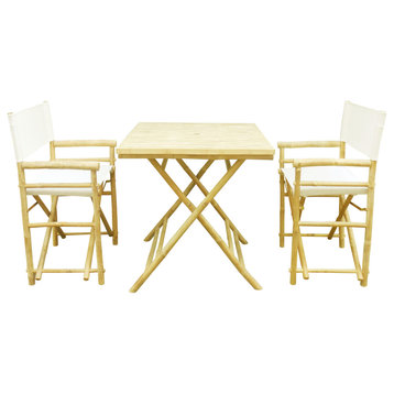 Bamboo Set of 2 Director Chairs and 1 Square Bamboo Table, White