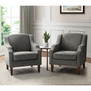 34" Tall Comfort Bedroom Armchair With Solid Wood Leg, Set of 2, Gray