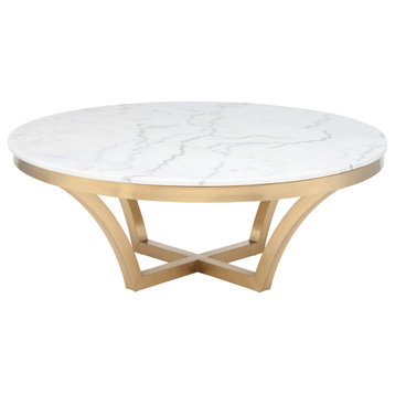 Round Marble Coffee Table With Brushed Gold Base, White Marble