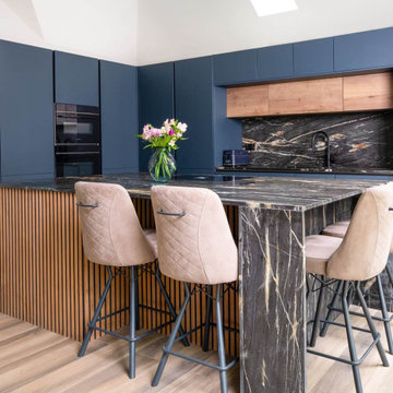 Blue and Oak Handleless Kitchen in Northwood
