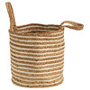14" Boho Chic Basket Planter Natural Cotton & Jute, Handwoven Stripe W/ Handles