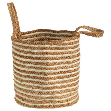 14" Boho Chic Basket Planter Natural Cotton & Jute, Handwoven Stripe W/ Handles