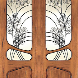 AN-2006-2 Mahogany Flower Lite Hand Carved Art Nouveau Forged Iron Double Door - Windows And Doors