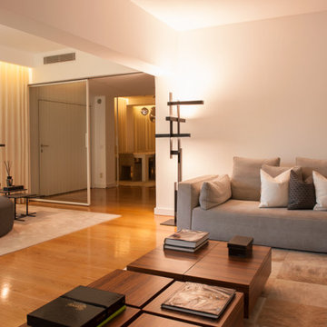 Living Room with Curved Sofa and Wood Coffee Tables, Paço de Arcos