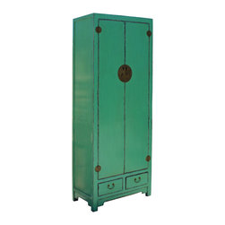 Chinese Oriental Distressed Aqua Green Moonface Tall Storage Cabinet - Accent Chests And Cabinets