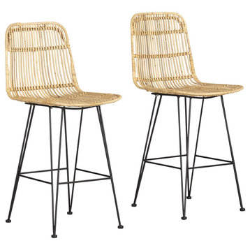Set of 2 Counter Stool, Metal Legs With Curved Rattan Seat, Natural/Armless