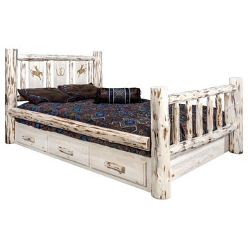 Montana Woodworks Wood Full Storage Bed with Engraved Bronc Design in Natural