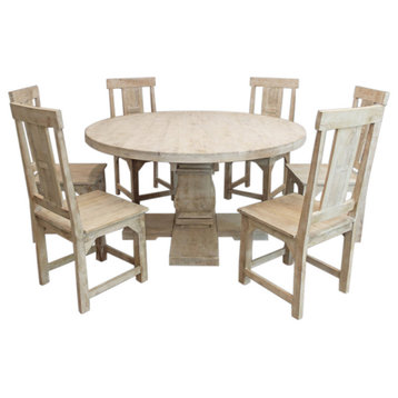 Benedict 7-Piece Dining Set, 58" Round Table and 6 Solid Wood Chairs, White