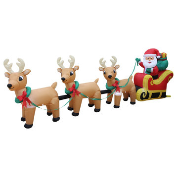 Long Inflatable Santa Claus on Sleigh With Three Reindeer Decoration, 12'