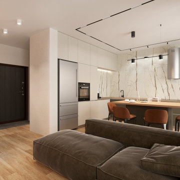 Living room combined with kitchen with a magnetic track lighting system