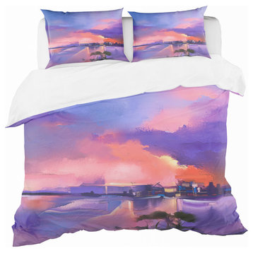Orange and Purple Sky in Twilight Sunset Beach Duvet Cover, Queen