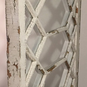 Vintage White Wood Diamond 1800's Window Mullioned Frame Glass Old Antique