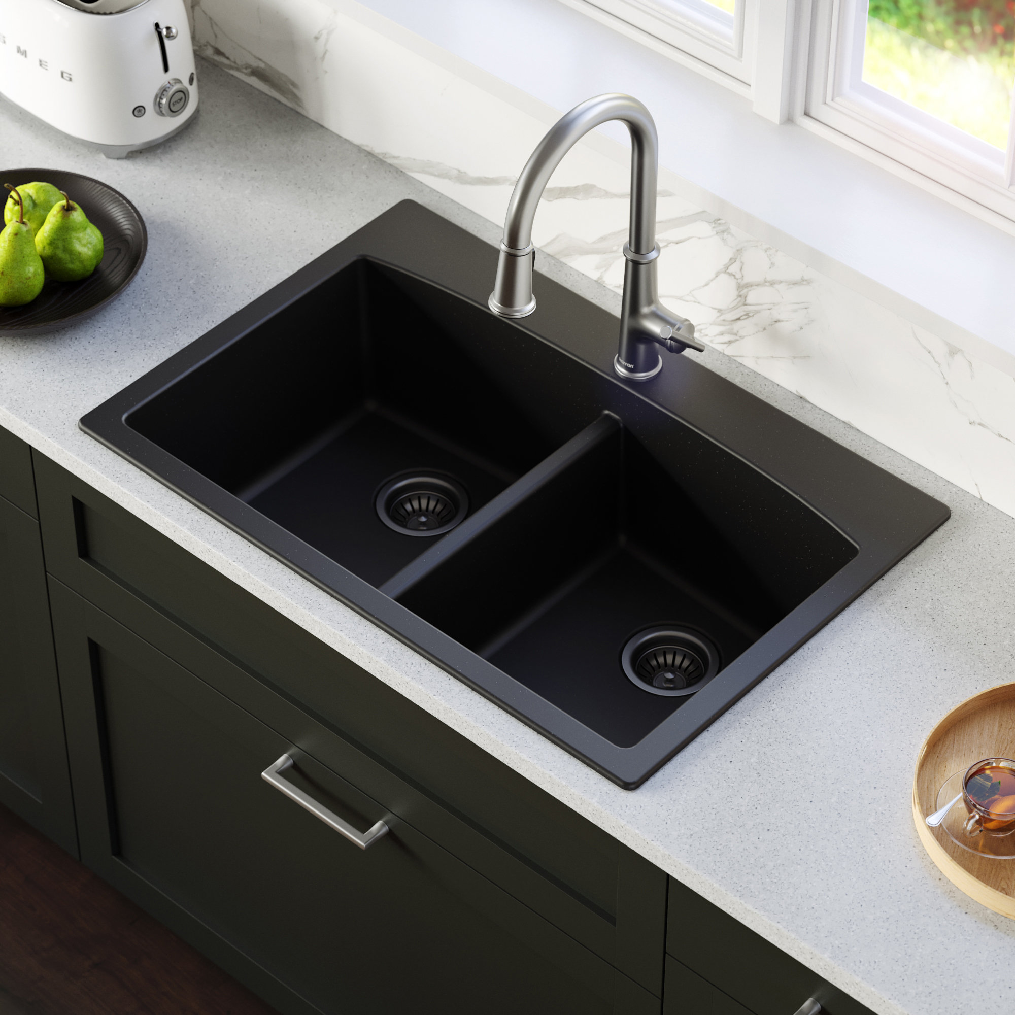 Karran Drop-in Quartz 33" 1-Hole 50/50 Double Bowl Sink Kit, Black