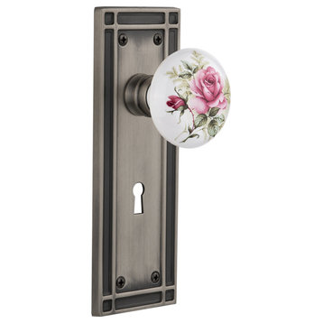Mission Plate Privacy White Rose Porcelain Knob, Antique Pewter