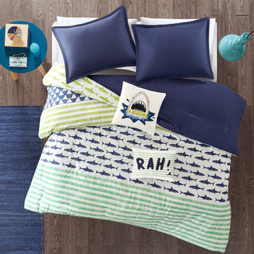 Urban Habitat Kids Finn Shark Cotton Comforter Set, Green / Navy