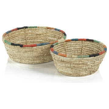 Bizerte Coiled Raffia Round Baskets, Set of 2, Round-9.5" Diameter