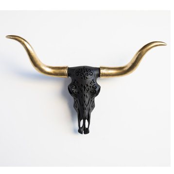 Faux Black And Gold Tribal Texas Longhorn Wall Decor, Black/Gold