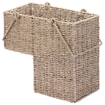 14" Wicker Staircase Basket With Handles Handmade L-Shaped Woven Seagrass Stair