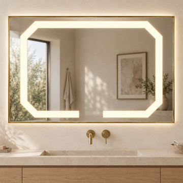 JM-Q02 | Gold-frame LED mirror with clock