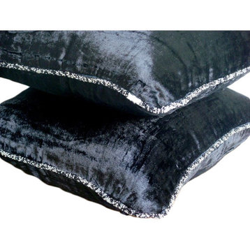 Black Velvet Decorative Pillows 20"x20" Bed Lounge Pillow, Black Shimmer